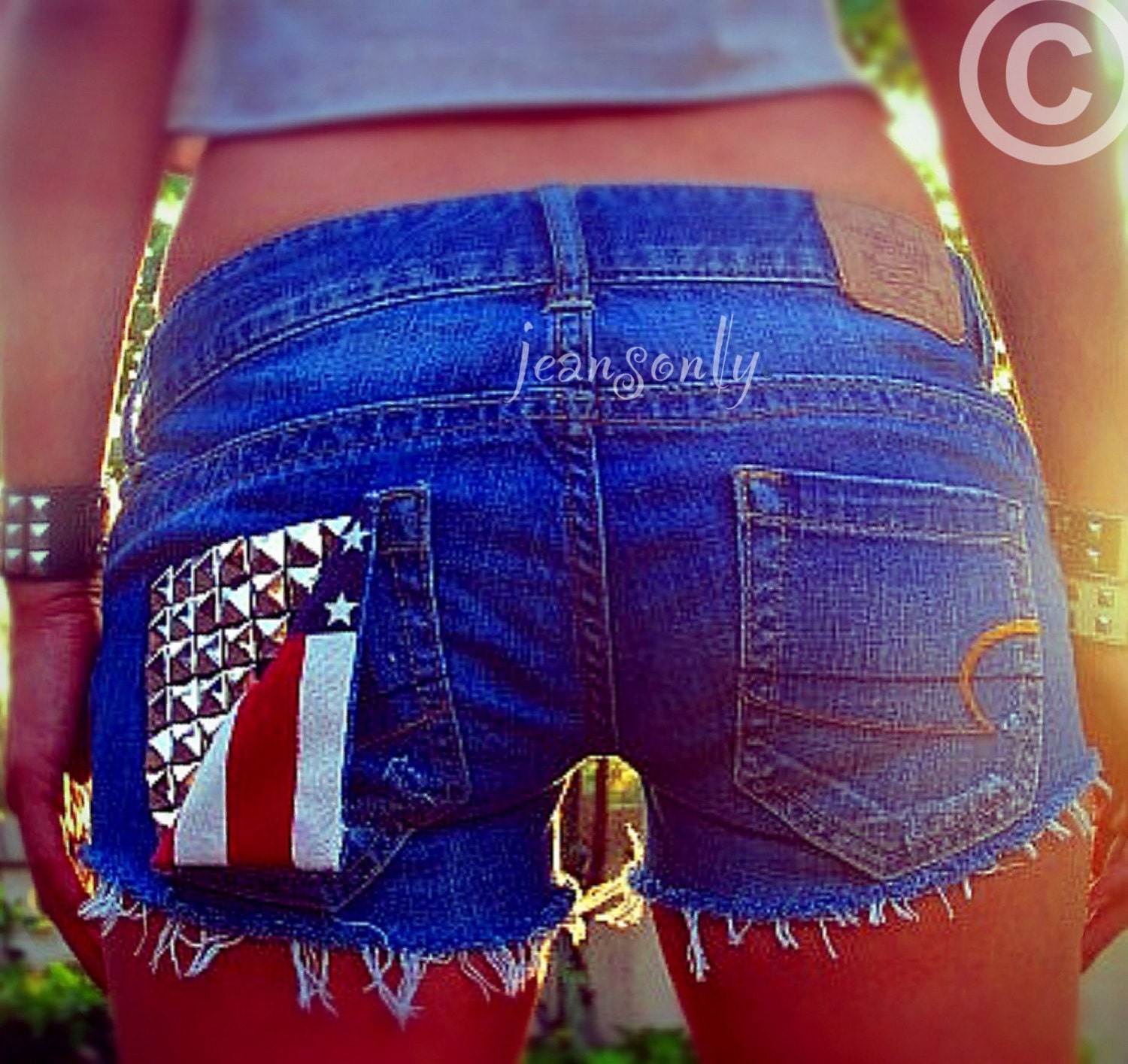 Items similar to American flag shorts low rise studded denim shorts by ...