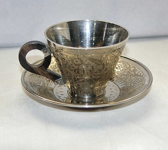 Silverplate over Brass Teacup and Saucer Set Tajma by KickassStyle