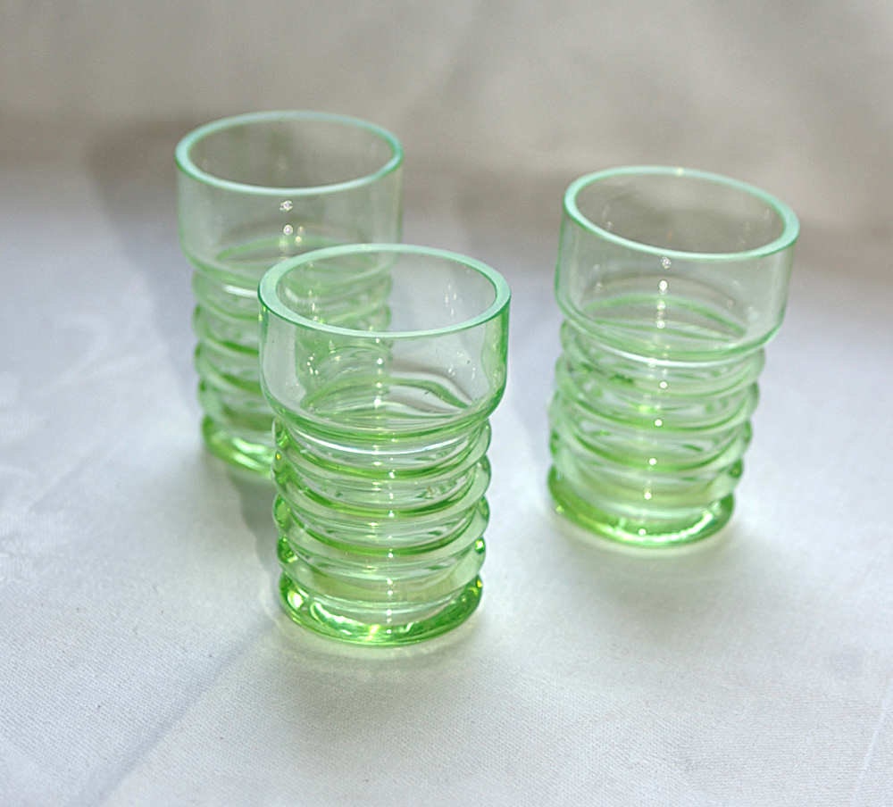 Three Green Shot Glasses Depression Glass Barware by KickassStyle