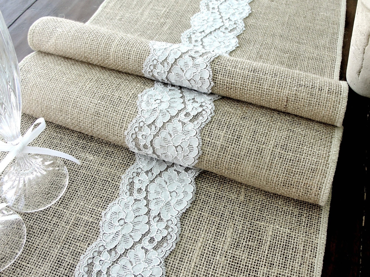 Burlap table runner wedding tablecloth burlap and grey lace