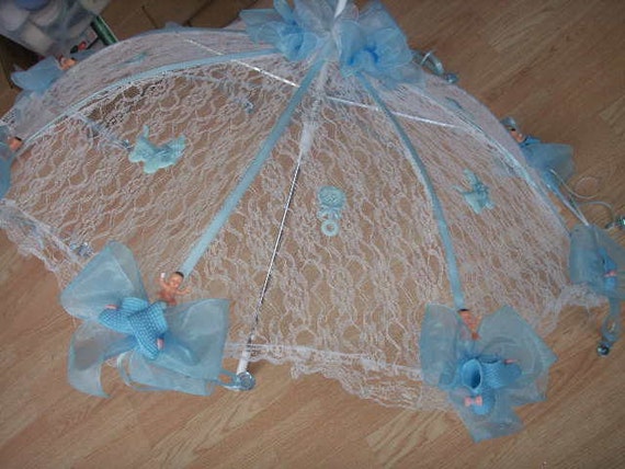 32 White Lace baby shower umbrella Blue booties