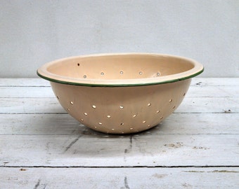 Large enamel green and creme white collander pot bowl - amazing condition - farmhouse