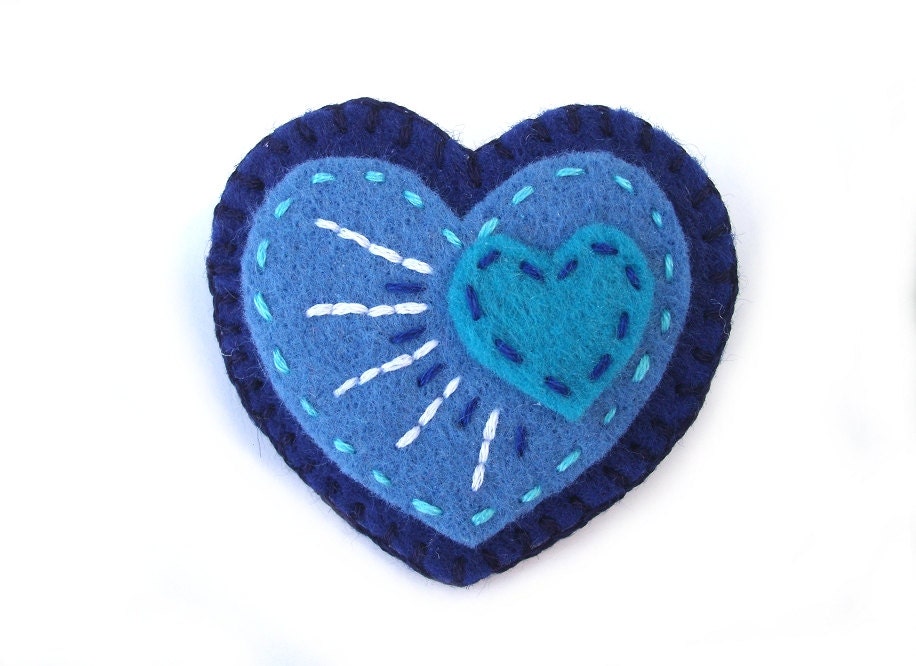 Embroidered heart brooch pin blue heart jewelry pin by PeachPod