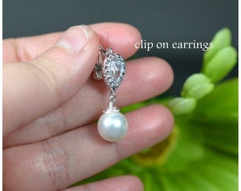 Clip on earrings , non pierced earring, Pearl Crystal bridal earrings , tear drop dangle