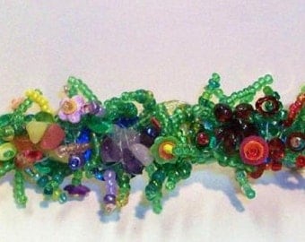 Floral beaded hair slide or barrette with crystal chips and sequins