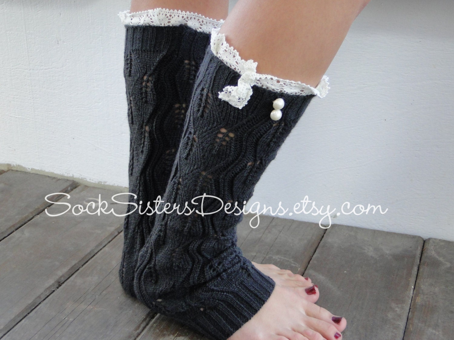 SALE Knit Leg Warmers with Buttons and Lace by SockSistersDesigns