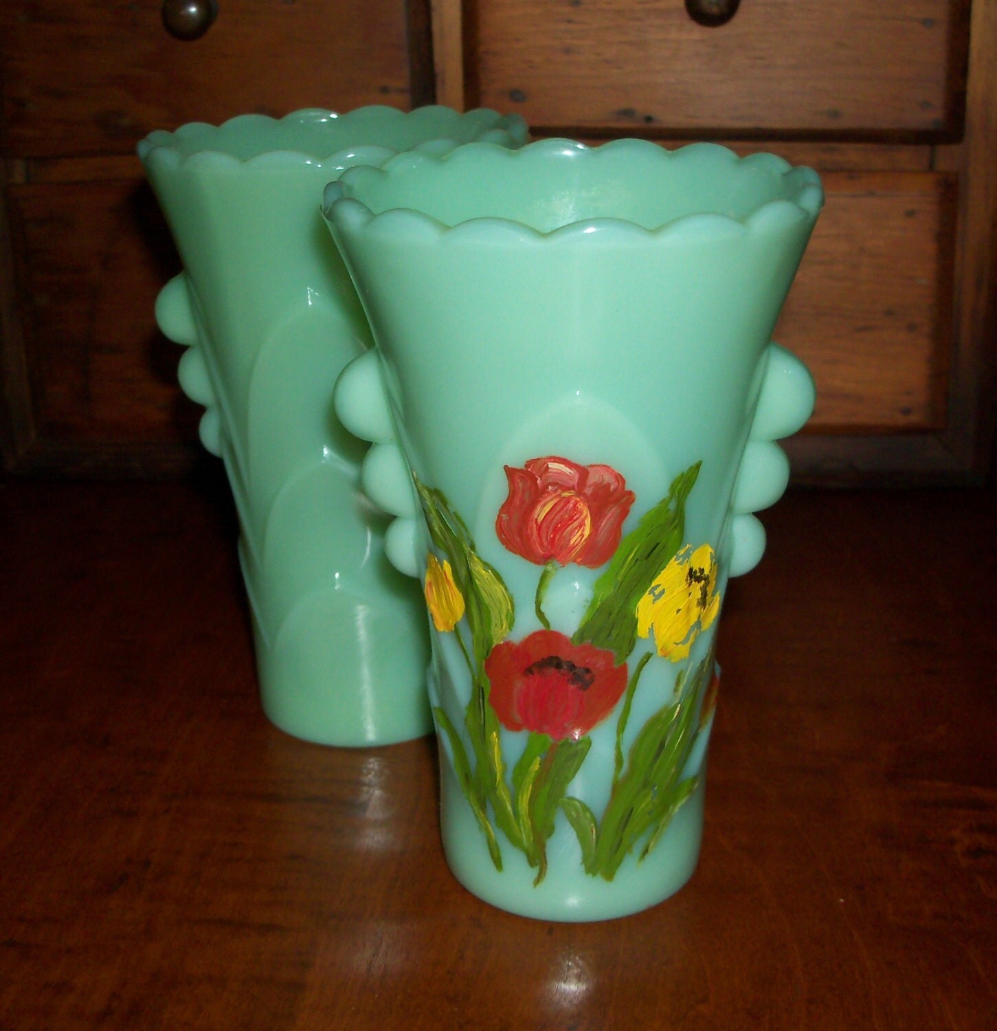 Jadite Jadeite Deco Vase Painted Tulips Fire King