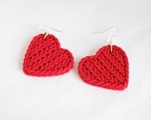 Polymer clay earrings cherry red heart earrings faux knitting earrings