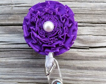 ID Badge Holder in Pleated Ribbon Flower Retractable ID Badge Holder Solid Purple Color