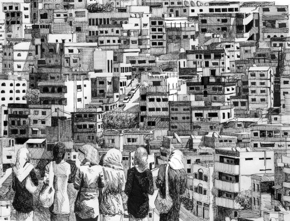 Amman Original Pen Drawing Black and White