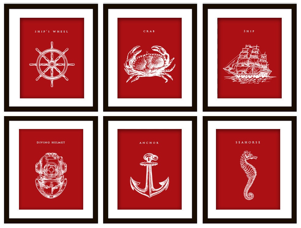 6 Nautical Art Prints ANY color Anchor Seahorse Scuba