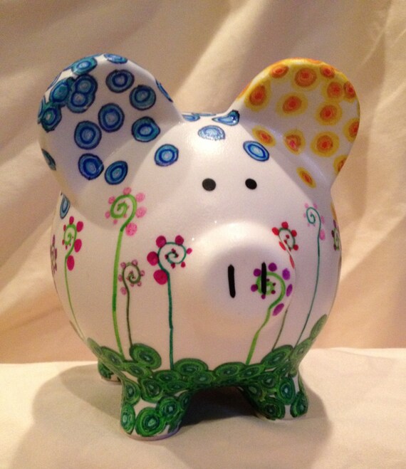 Flower garden hand painted piggy bank piggybank by PandPDStudio