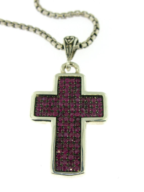 Items similar to Cross Silver Pendant with Ruby pave stones on Etsy