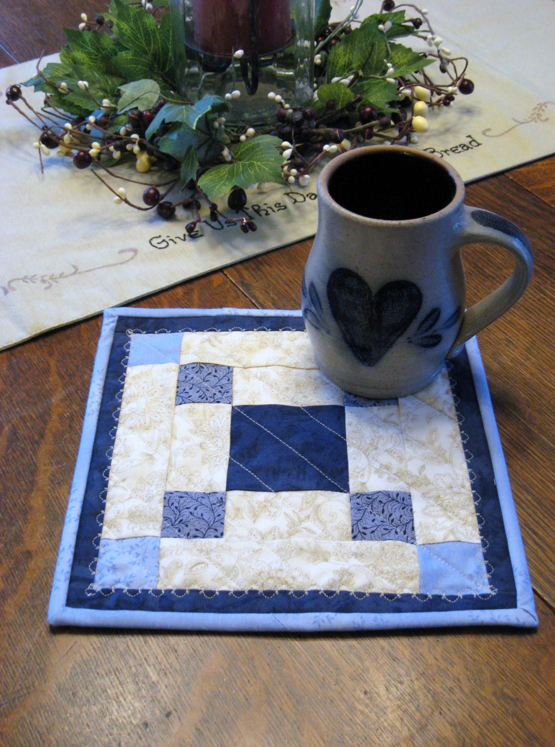 Quilted Mug Rugs set of 2 in blue and ivory varigated