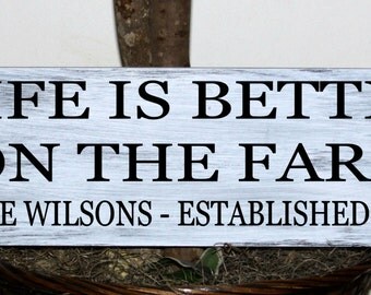Primitive - Life is better on the farm family name with established date wood sign