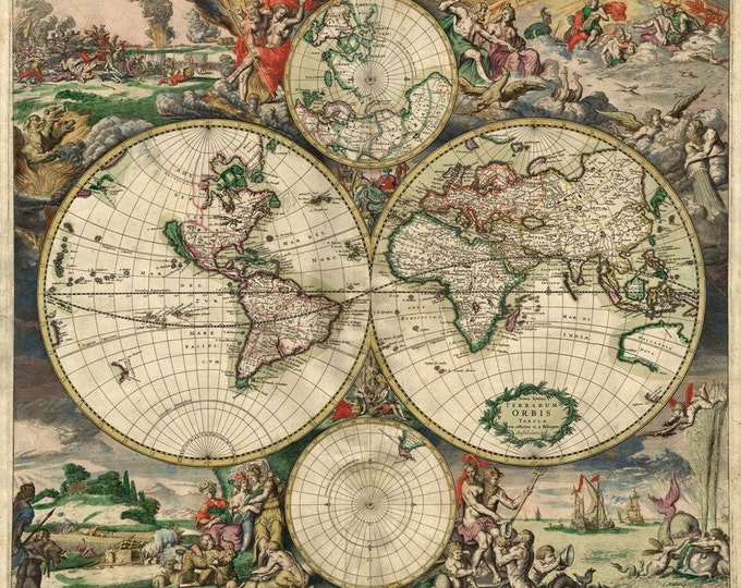 Large VINTAGE HISTORIC 1689 antique Old World Copper Plate Style Map Fine Art Print