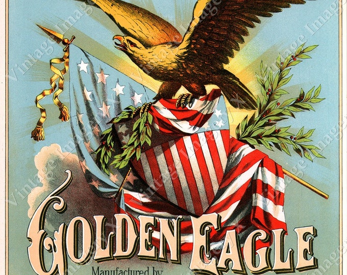 Vintage 1880's Tobacco Label Caddy Golden Eagle Bar Art Game Room Man Cave Print