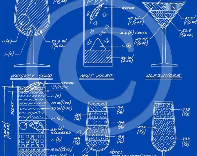 Crate AND Barrel Style Blue Martini cocktail construction recipe layout blueprint bar art drafting type fine art print poster