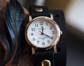 Free Shipping - black leather bracelet wrap around wrist with gold watch face