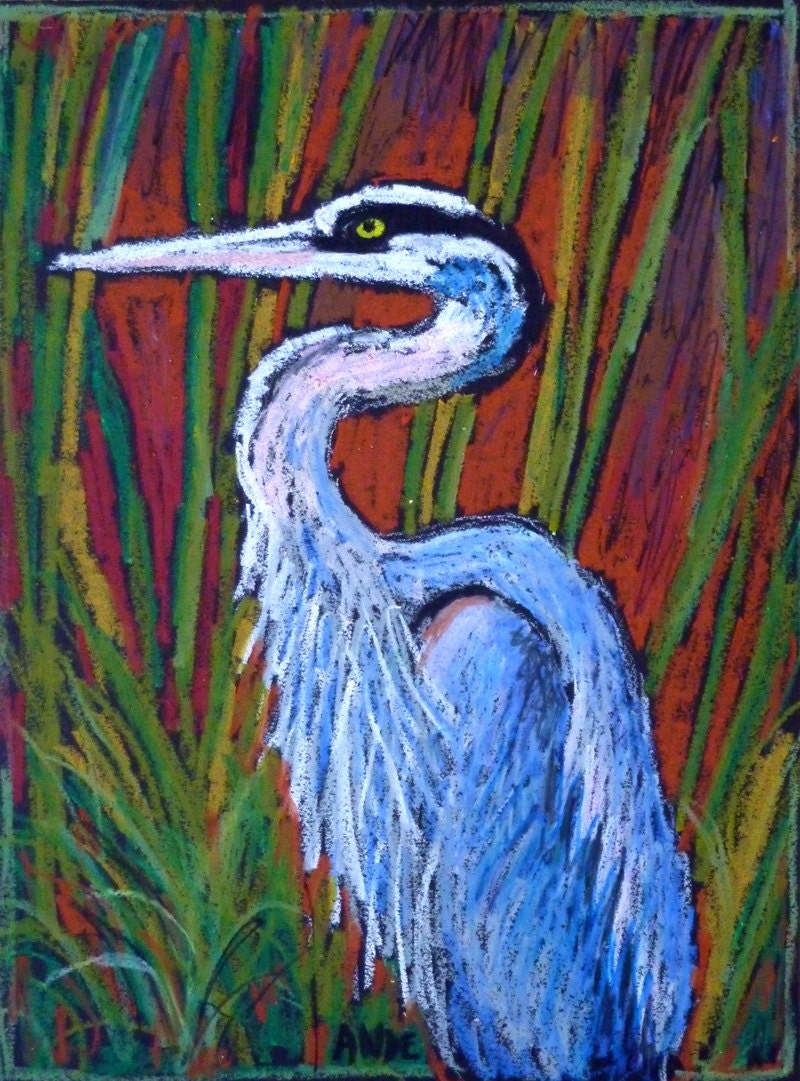 Original Bird Painting in Oil Pastels of a Great Blue Heron