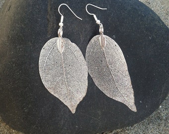 Real Leaf Earrings, Silver Dipped Leaf Earrings