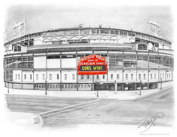 Items similar to Chicago Cubs baseball Wrigley Field Pencil Drawing ...