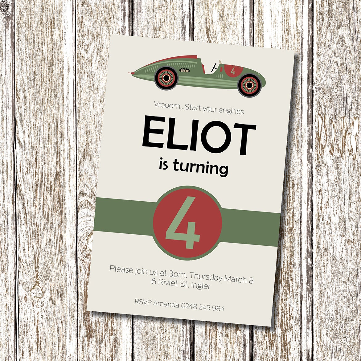 Vintage Race Car Birthday Party Invitation Printable and