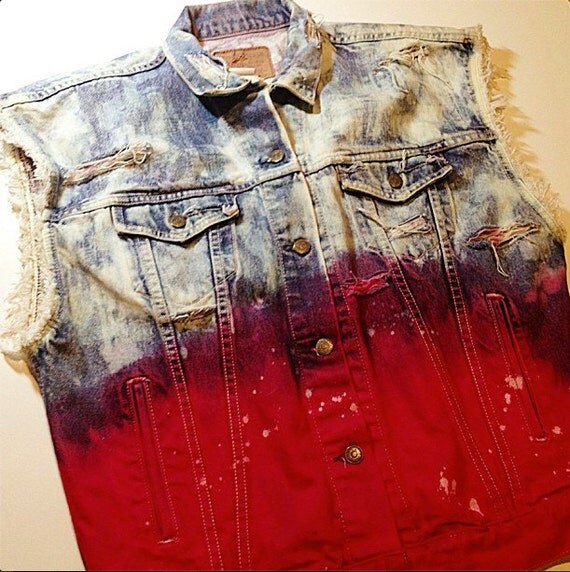 Custom Levi's Denim Vest Red Acid Wash/Distressed