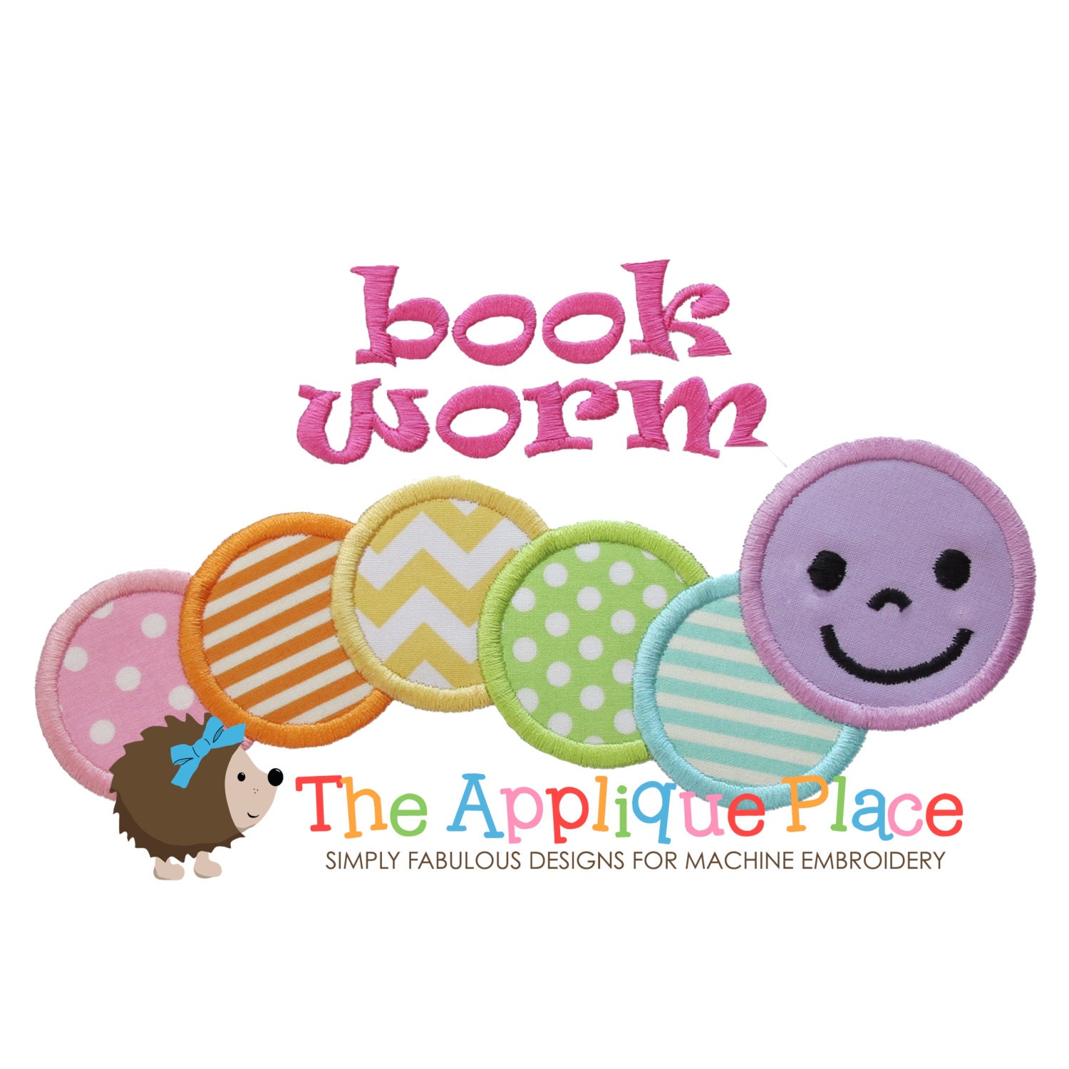 Bookworm Applique Design Instant Digital Download File For