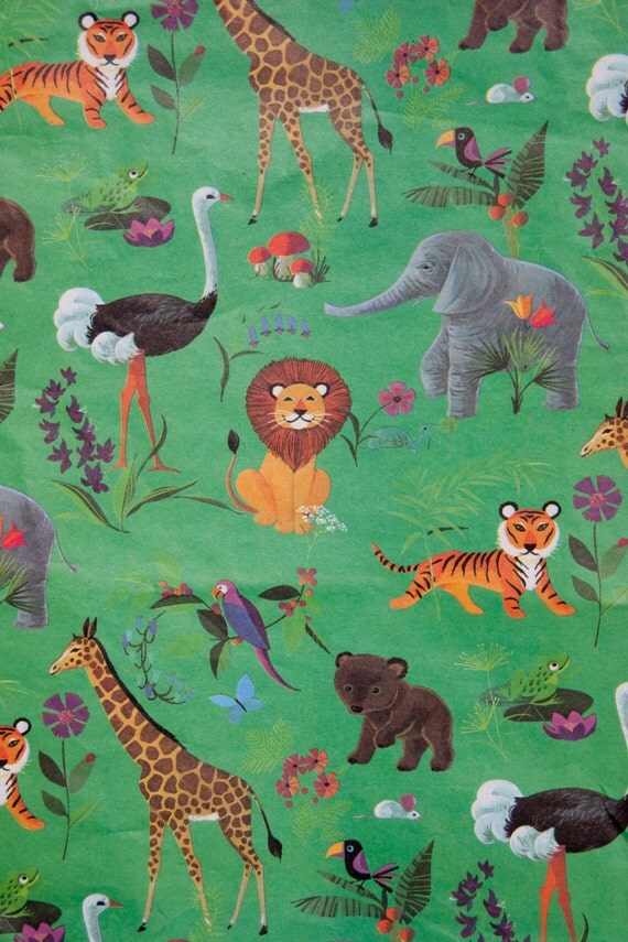 Vintage Gift Wrapping Paper Children's Zoo Safari Animals