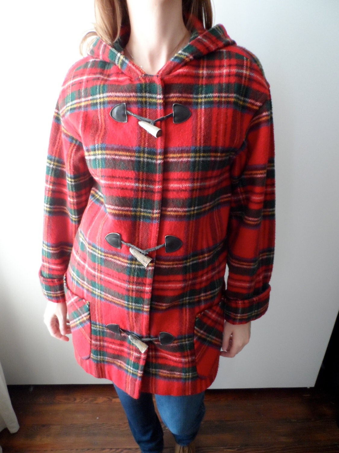 Vintage Eddie Bauer Red Plaid Toggle Coat by NanAndRoseVintage