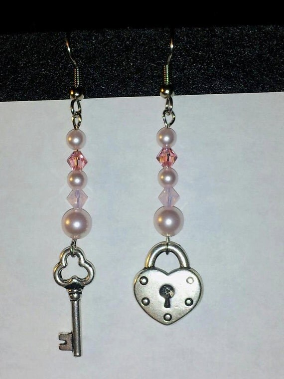 Items similar to Silver Lock and Key Earring Set, two different pink