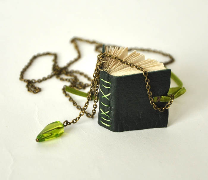 Book Jewelry green book necklace, mini book jewelry, leather mini journal, tiny book , green journal, book lover, literature necklace