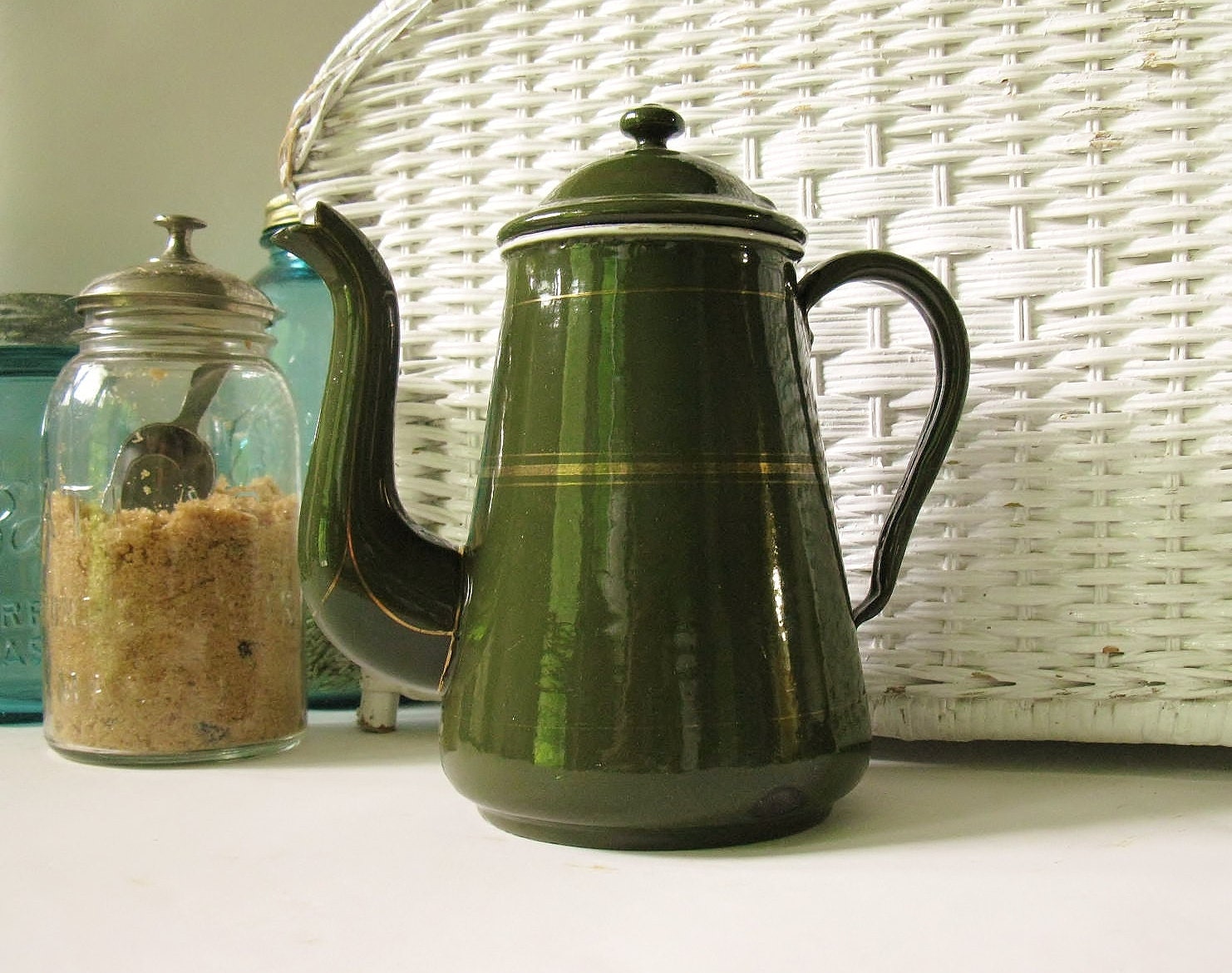 Jade Green Coffee Pot Vintage Farmhouse Enamelware Unusual