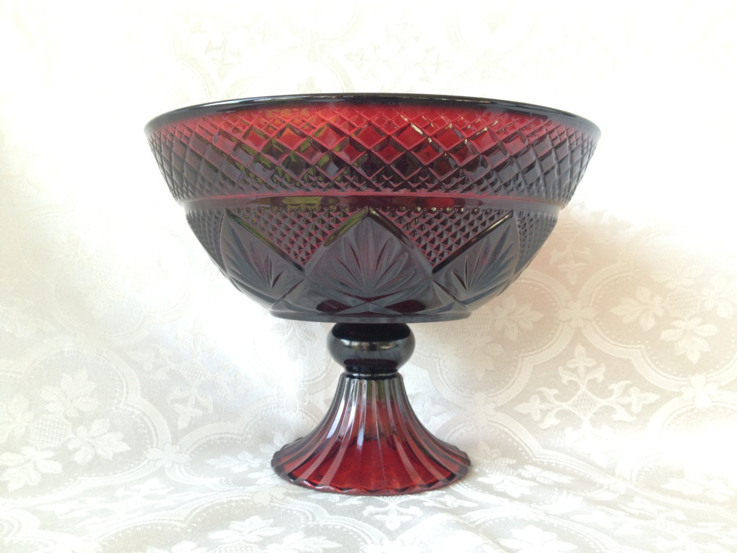 Large Ruby Red Pressed Glass Bowl with Pedestal by Auntiquarian