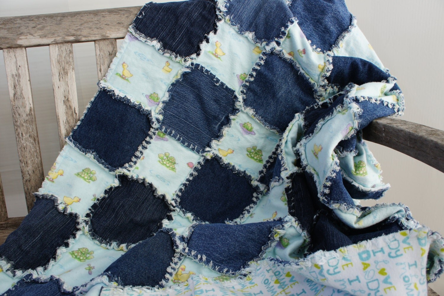 Rag Quilt In Denim and Flannel 39x48... Blue by blueellydesigns