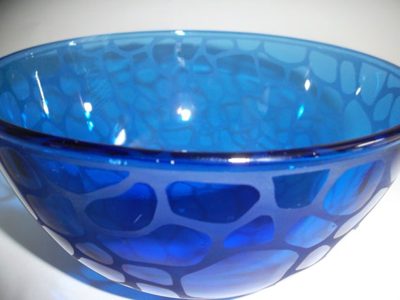 Etched glass bowl. Cobalt blue wedding gift serving bowl