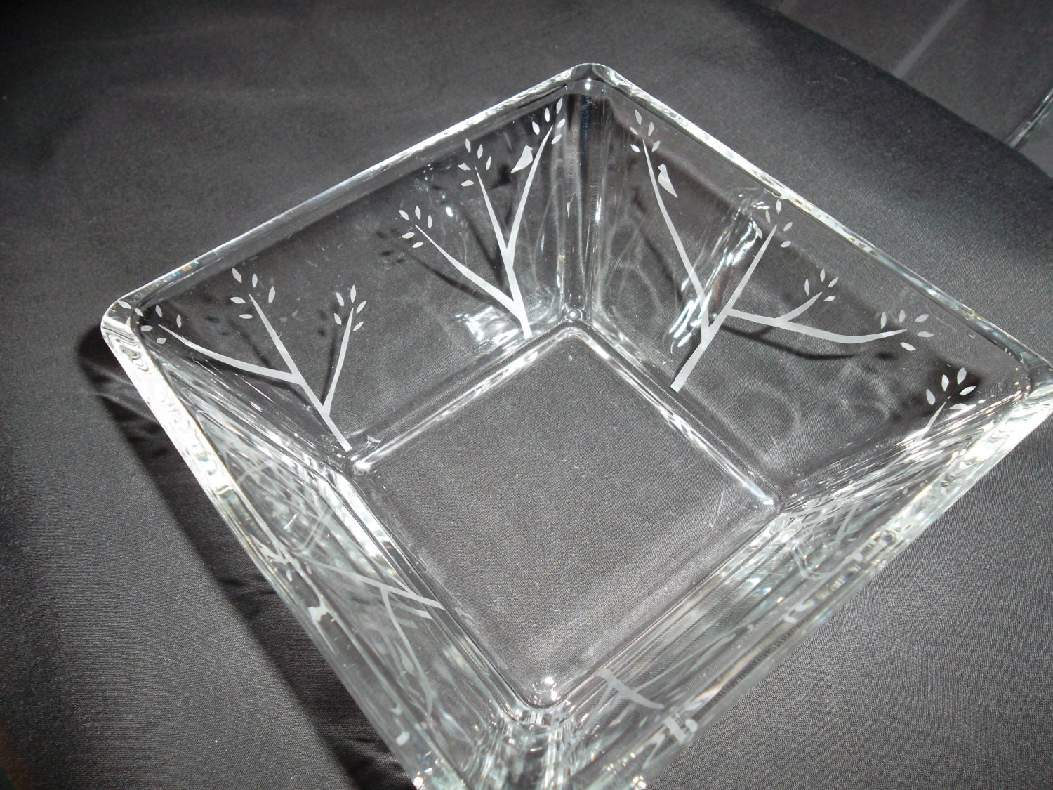 Etched square glass bowl with birds in trees. Wedding gift