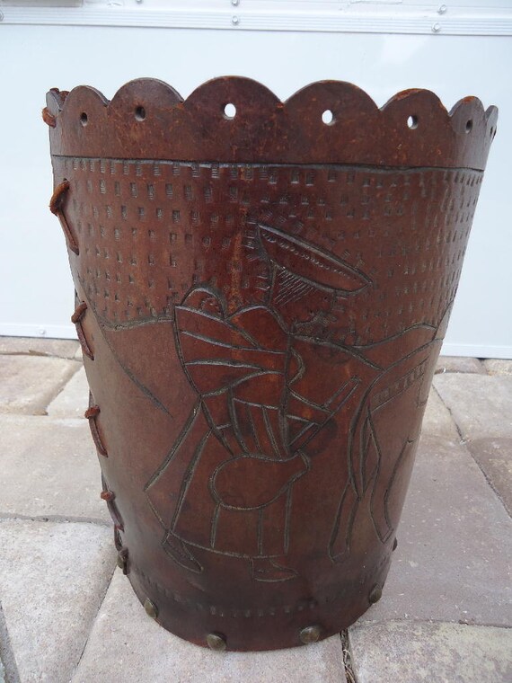 Antique Tooled Leather Waste Basket