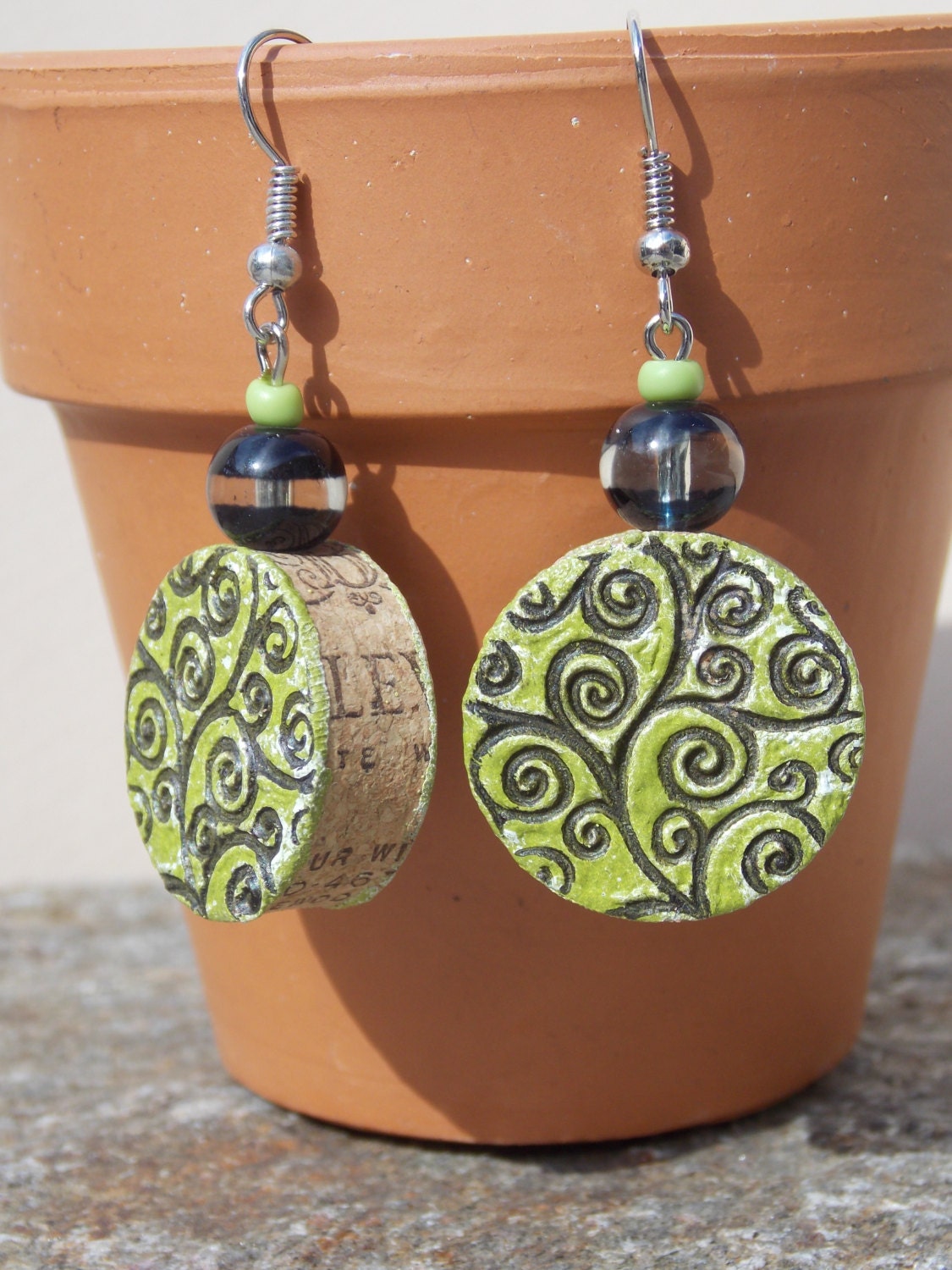 Spring Green Wine Cork Earrings with Black spiral design