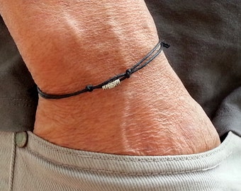 silver tube men bracelet with black wax cord, adjustable men's bracelet, small charm bracelet for men, gift for him, mD021