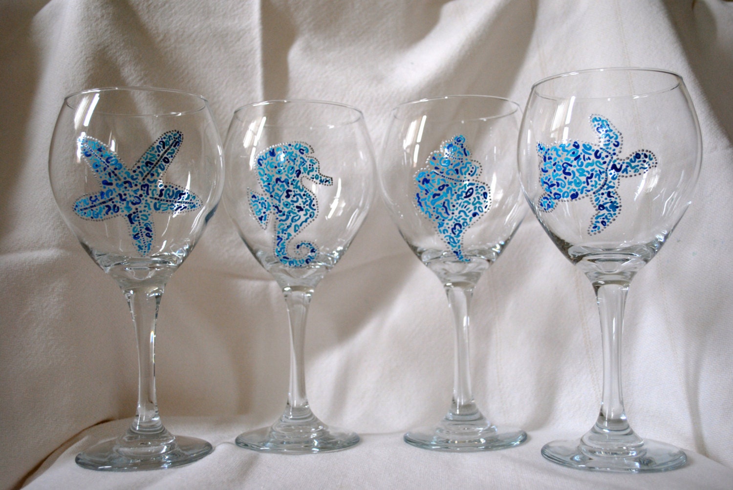 Hand painted Beach Themed Wine Glasses Set of Four