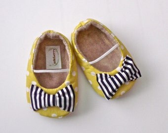 EDEN baby girl shoes- yellow green polka dot with navy blue stripe bow
