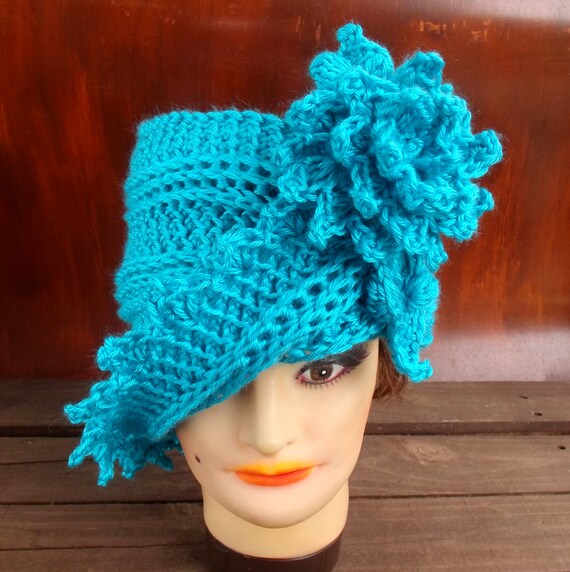 LAUREN Steampunk Hat, Crochet Cloche Hat, Crochet Flower Hat, Womens Hat Trendy, Crochet Hat for Women, Blue Mint Hat, Blue Hat