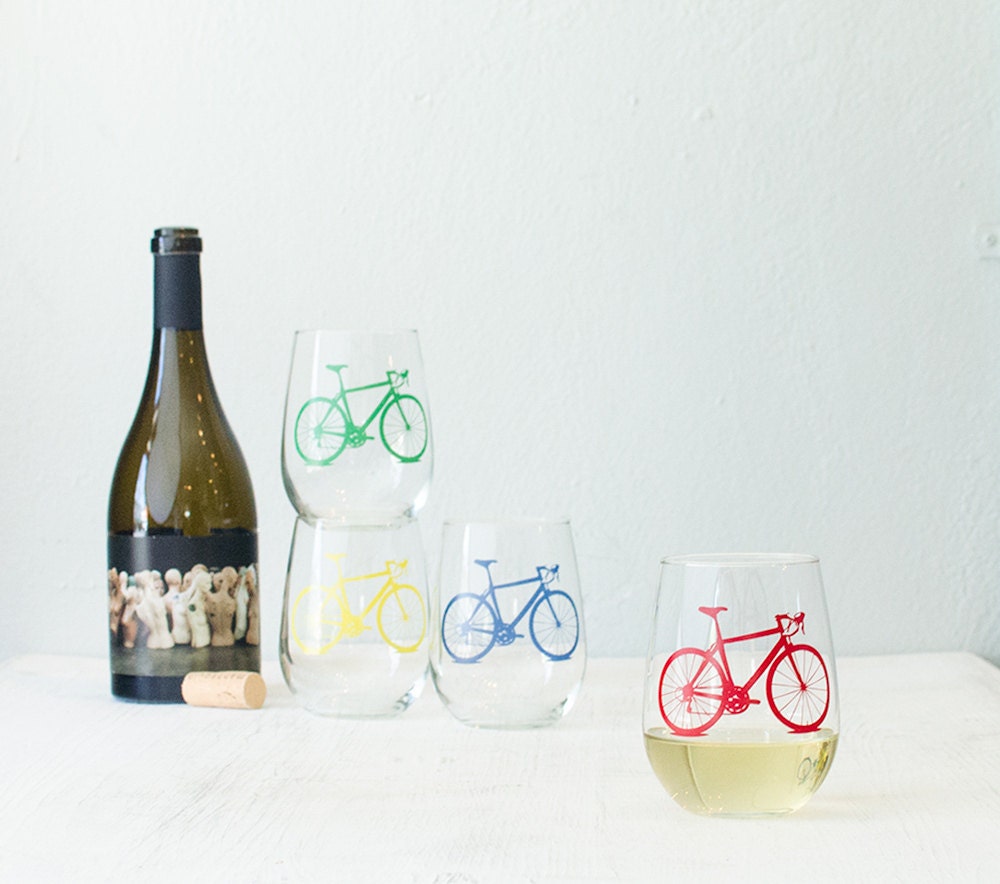 BICYCLE WINE GLASSES screen printed bike stemless wine glasses