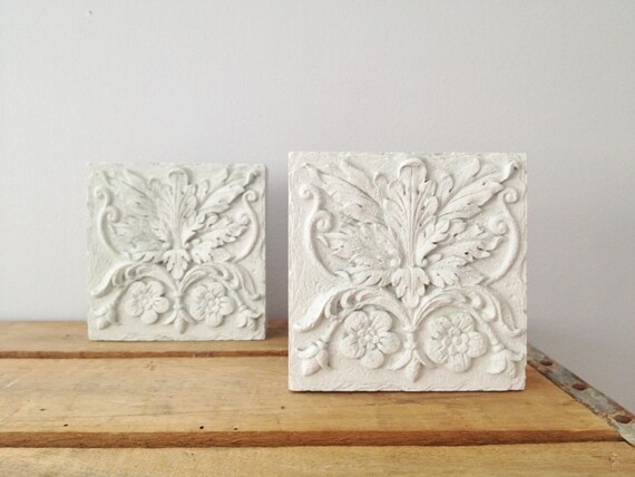 White Block Wall Decor - Square Floral Wall Art - Garden Wall Decor - Shabby Decor