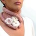 Knit dusty pink scarf, chunky neckwarmer with white flowers and pearls - POSY