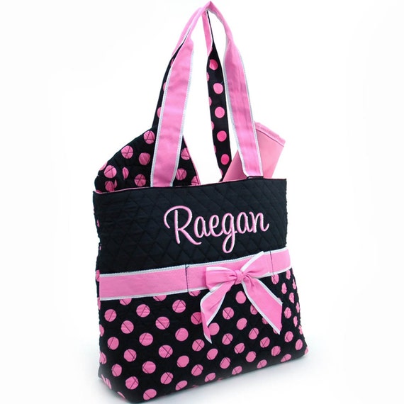 Diaper Bag Personalized Black Pink Polka Dots Quilted by parsik93