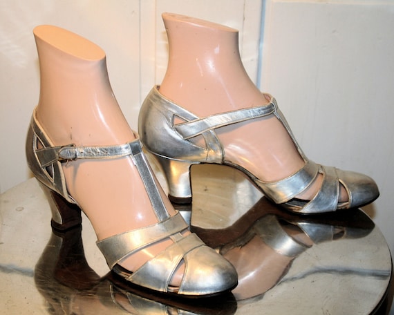 20s Silver Pumps Metallic T-Strap Dance Heels by MorningGlorious