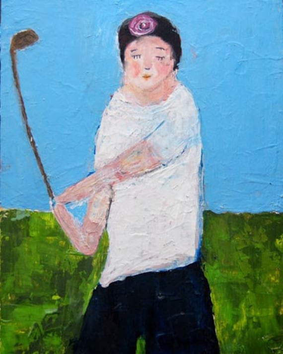 Acrylic Palette Knife Painting 8.5x11 Original Portrait Closes Her Eyes Before She Drives Girl, golf club, blue, white, golf course
